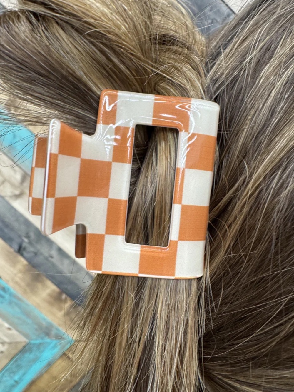Orange and Cream Checkerboard Hair Claw